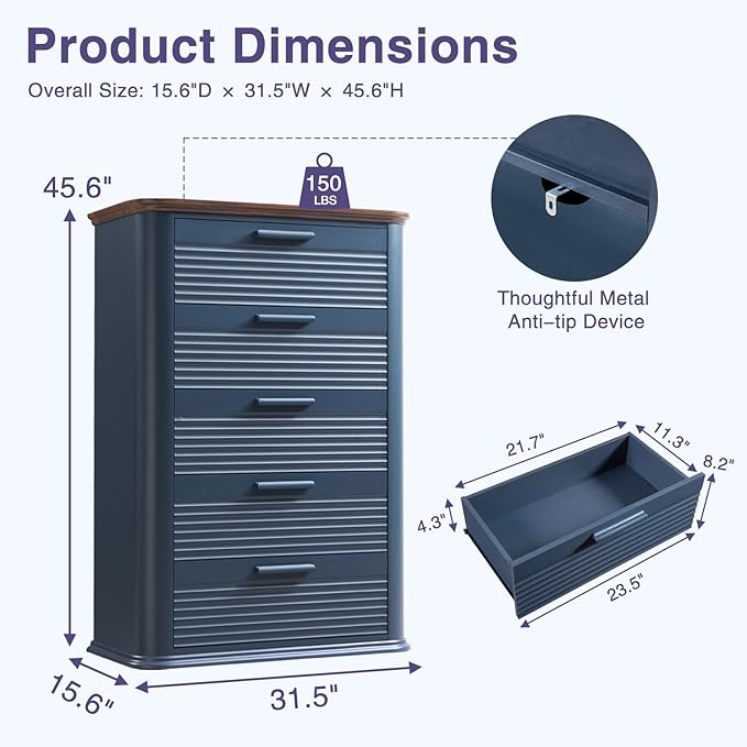 Okvnbjk 5 Drawers Dresser for Bedroom, 45" Tall Dresser with Curved Profile Design, Wood Fluted Chest of Drawer, Modern Drawer Storage Organizer for Bedroom, Living Room, Entryway