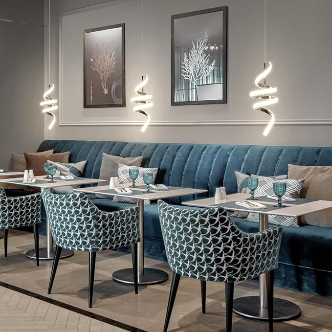 Modern Spiral LED Pendant Lights Kitchen Island, 22W Adjustable Height Hanging Light Fixture 4000K Chrome Chandelier for Dining Room Cafe Table, 1 Pack