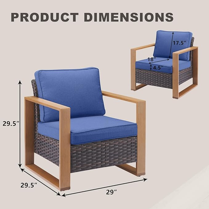 Wicker Outdoor Patio Chairs Set of 2, Rattan Patio Furniture Chairs with Sturdy Frame,All-Weather PE Wicker,Wide Armrest,Deep Seating and Thick Cushions for Deck Porch Garden(Brown/Blue)