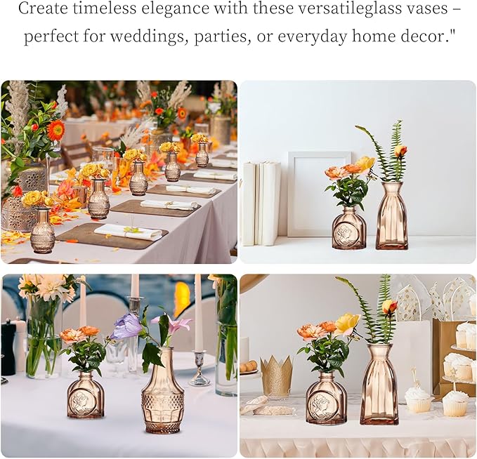 Glass Bud Vases Set of 64 - Amber Assorted Small Mini Glass Vases for Flowers, Crystal Vintage Vase Set, Bulk Centerpieces for Table Décor, Wedding, Home and Events (Amber, 64 Pcs)