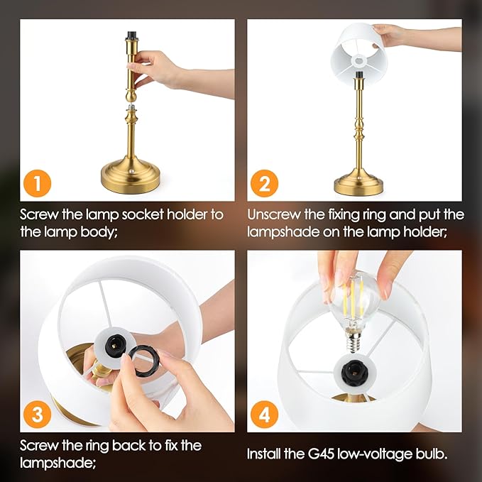 GGOYING Set of 2 Rechargeable Cordless LED Table Lamps, 4-Level Dimmer, Bronze Portable Desk Lamps with White Fabric Shades, Night Light for Dining, Bedroom and Patio