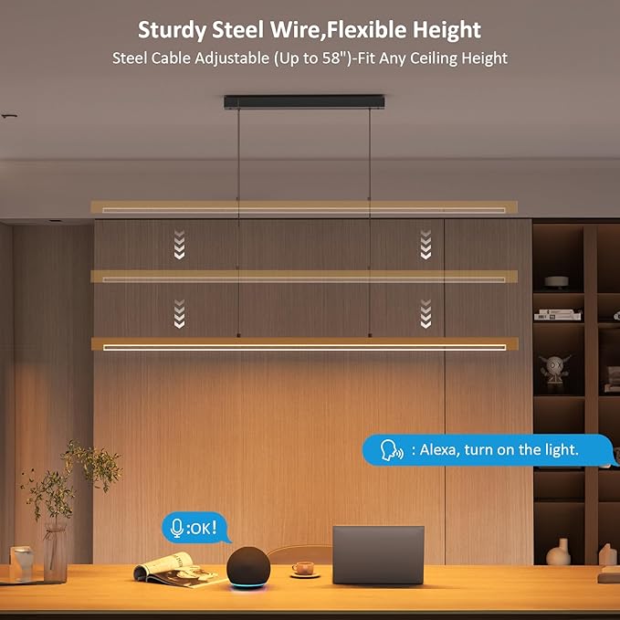 54" Linear Pendant Light Aluminum, 40W Gold Dimmable Kitchen Island Lighting with Remote & App Control, Adjustable CCT (3000K-6000K), Modern Chandelier for Home Office Dining Room Study