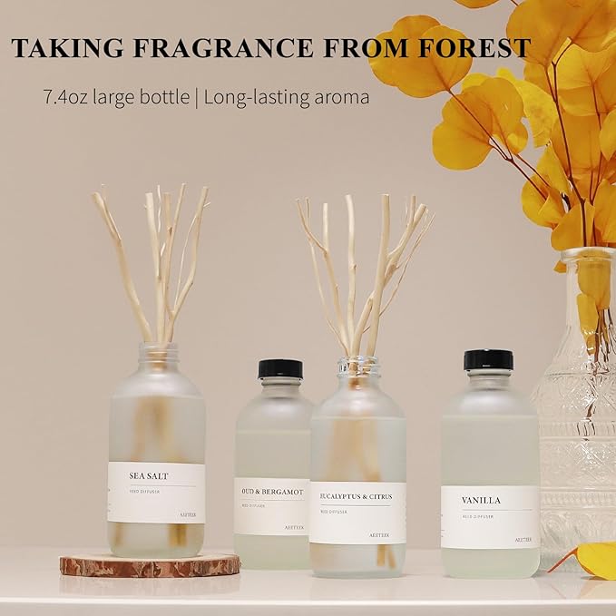 Oud Bergamot Reed Diffuser, 7.4oz(220ml) Orange & Cedar Wood Essential Oils, Air Freshener for Bathroom with Willow Branches Decor, Long Lasting Fragrance for Home, Office (1-Pack)