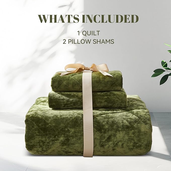 Qucover Velvet King Size Quilt Bedding Set, 106"x98" Oversized King Velvet Quilt and Sham Set, Luxury Quilted Bedspread Coverlet, Ultra Soft Winter Comforter for All Seasons, Olive Green Bedding