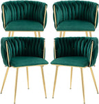 Nrizc Woven Dining Chairs Set of 4, Velvet Upholstered Dining Chairs with Gold Metal Legs, Modern Accent Chairs for Living Room, Dining Room, Kitchen (Green)