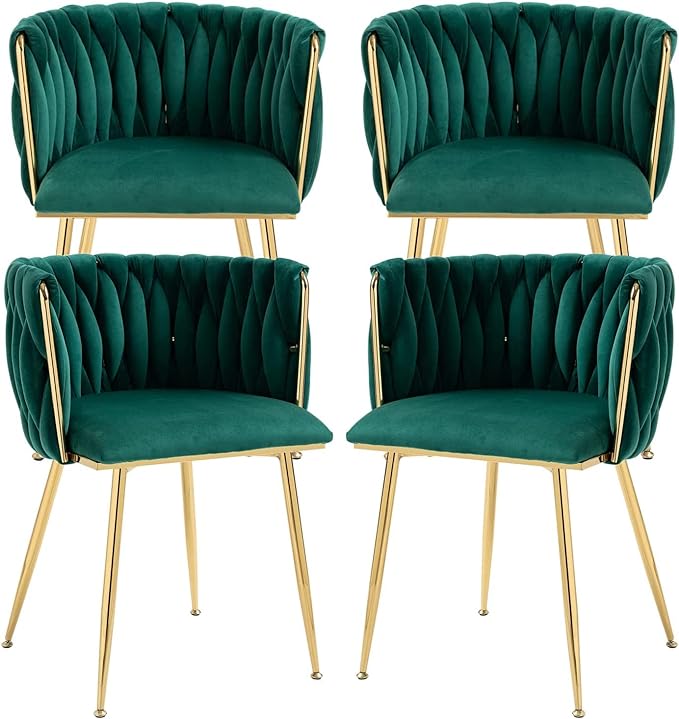 Nrizc Woven Dining Chairs Set of 4, Velvet Upholstered Dining Chairs with Gold Metal Legs, Modern Accent Chairs for Living Room, Dining Room, Kitchen (Green)
