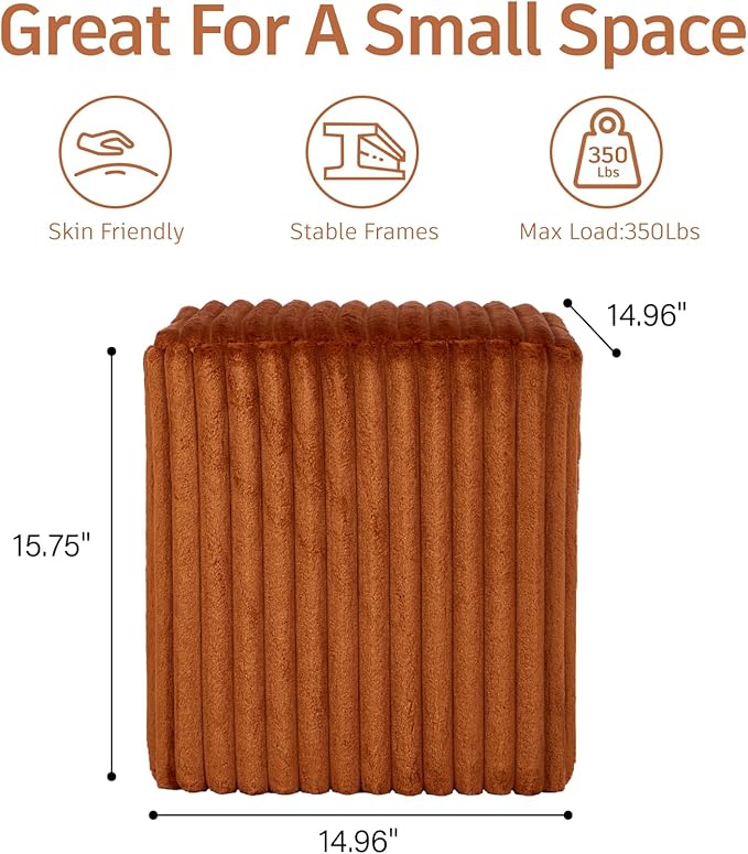 Modern Square Ottoman, Vertical Channel Tufted Foot Stool Ottoman, Velvet Upholstered Vanity Stool for Makeup, Bedroom, Living Room, Dark Orange