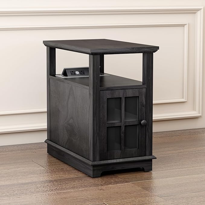 HIFYOBRO Narrow End Table with Flip Top Charging Station and Storage Cabinet, Type-C & USB Port & Power outlets, Adjustable Shelf, Blackgray Side Table with Storage for Living Room and Bedroom