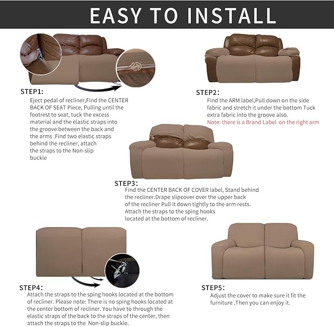Easy-Going 6 Pieces Recliner Loveseat Stretch Sofa Slipcover Sofa Cover Furniture Protector Couch Soft with Elastic Bottom Kids, Spandex Jacquard Fabric Small Checks Camel
