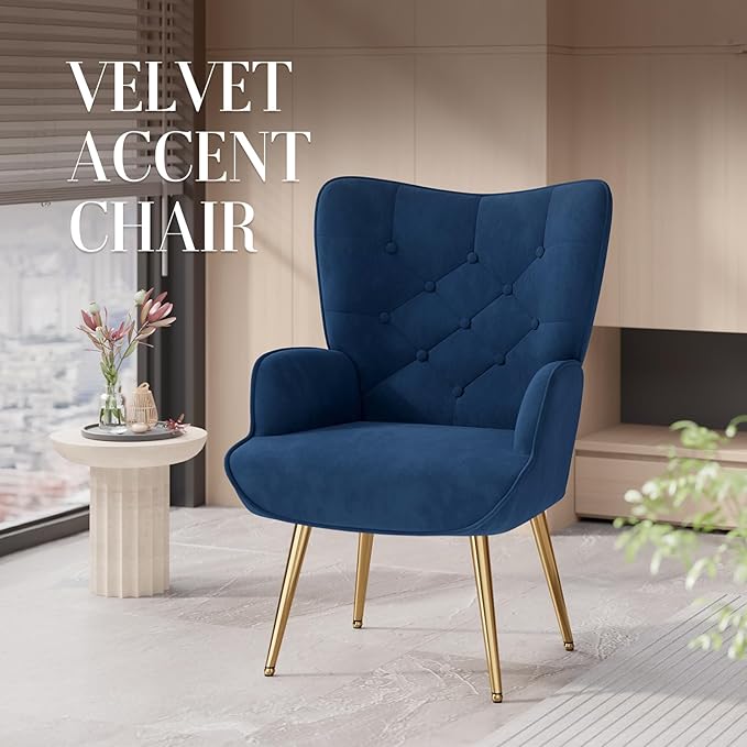 Nalupatio Mid Century Modern Velvet Accent Chair, Tufted Button High Back Chair, Upholstered Wingback Armchair with Metal Legs, High Back Side Chair for Living Room Bedroom, Blue