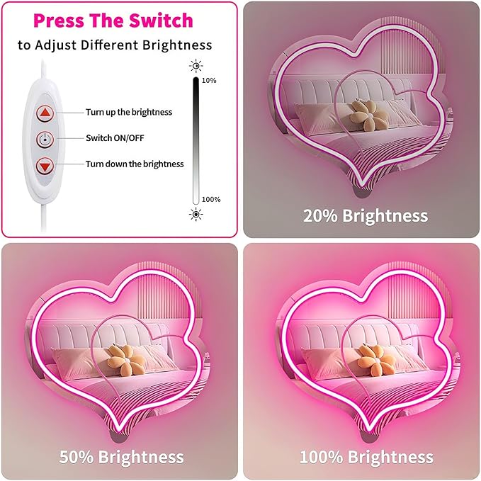Pink Heart Acrylic Mirror Neon Signs,Dimmable Heart Shaped Mirror with Neon LED Lights,USB Powered Neon Sign Wall Decor Art Neon Light For bedroom,Family,Wedding,Bar,Party Decor