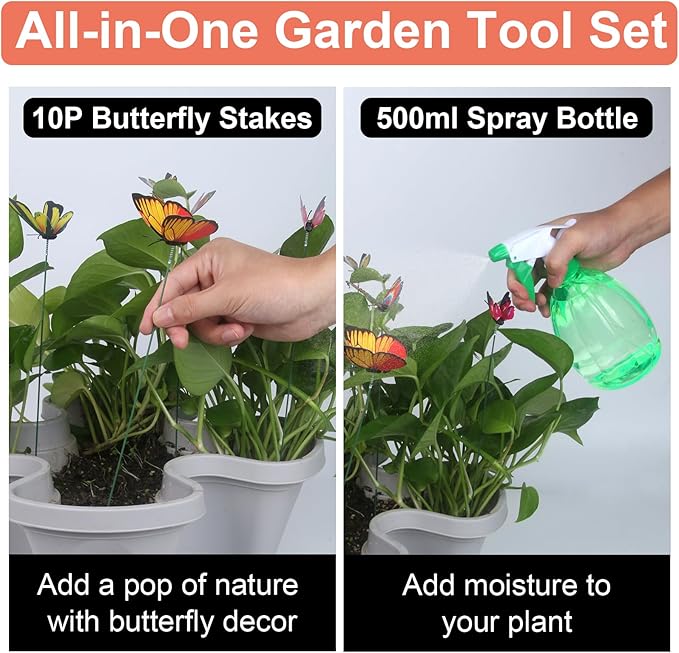 Vertical Planter, 7 Tier Stackable Strawberry Planter with Garden Tool Set, Movable Indoor/Outdoor Garden Herb Pot for Growing Vegetables and Succulents, Gray