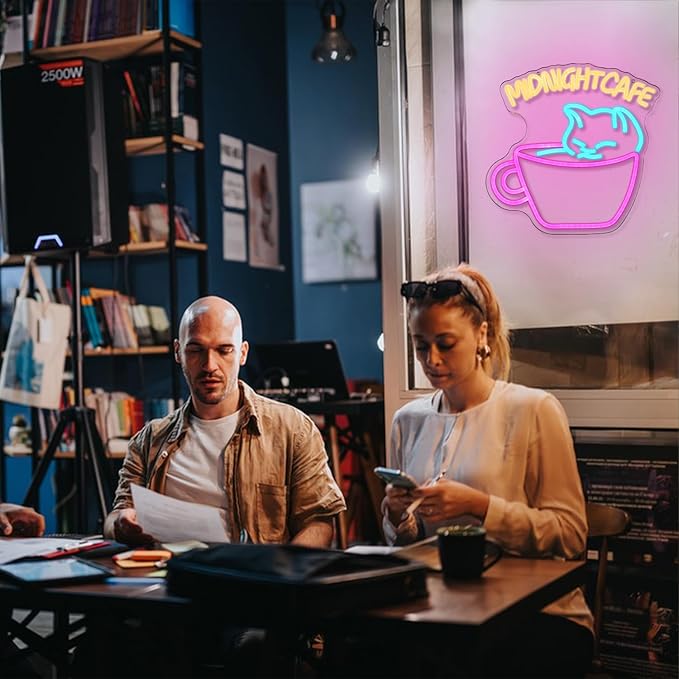 Midnight Cafe Neon Sign for Wall Decor Cat Neon Light Coffee Led Neon Signs Colorful LED Neon Light for Coffee Shop Dessert Shop Bakery Cafe Dcoration