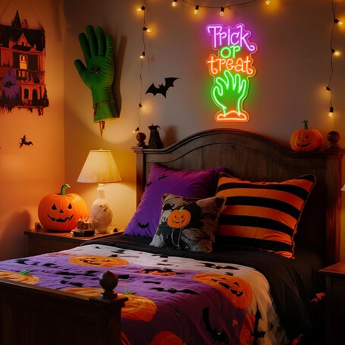 Halloween Neon Sign Trick or Treat LED Light – Spooky Zombie Hand Neon Wall Sign for Halloween Party, Kids Room,Indoor Outdoor Holiday Decor,22x42cm