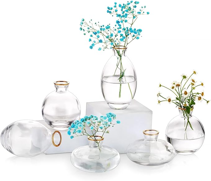 Glass Bud Vase for Centerpieces, 6Pcs/2Sets Glasseam Modern Gold Rim Mini Small Vases for Flowers Bulk Flower Vase Set Aesthetic Cute Handmade Tiny Short Wedding Table Centerpiece Decor