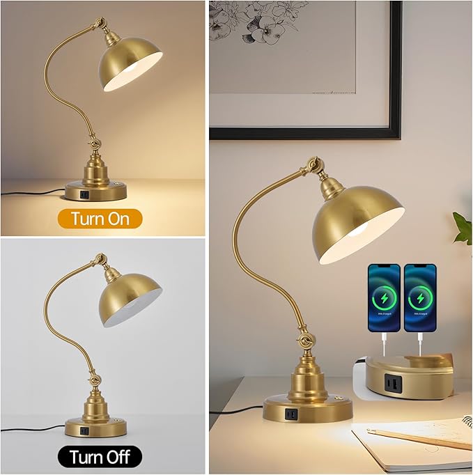 Vintage Brass Gold Desk Lamp Decorative Table Lamp for Home Office Living Room Bedroom Desk Light, Rustic Industrial Farmhouse Antique Library Study Desk Lamp E26 LED Bulb Included