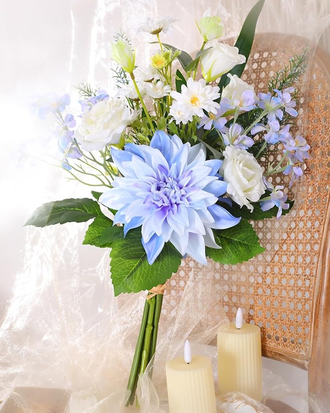 Nubry Fake Artificial Flowers Bouquet,Faux Silk Dahlia Flower Bouquet Floral Arrangement Fake Plant Decor for Tables Centerpieces,Home Office Party Wedding Decor(Blue)