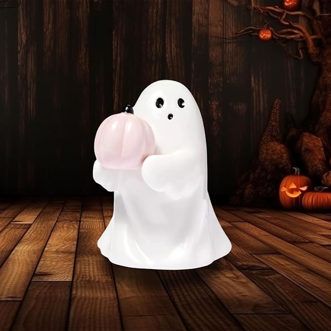 Halloween Ghost Figurine with Holding Pink Pumpkin, Funny Resin Ghost Statue Halloween Decor for Bookshelf, Terrace, Bedroom,Porch and Tabletop