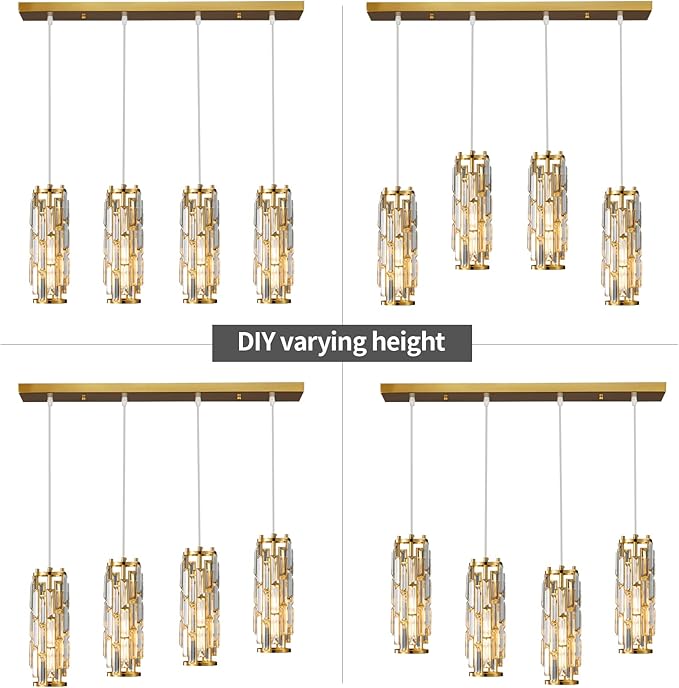 LMQNINE 4 Light Gold Pendant Lighting Modern Pendant Light, Mini Crystal Chandeliers,Adjustable Pendant Light Fixture for Kitchen Island Dinning Room Bedroom(Gold 4-Light)