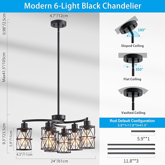 XINGQI Modern Black Chandelier 6-Light Pendant Lighting Fixture with Metal Shade 24" Height Adjustable for Dining Room Living Room Bedroom