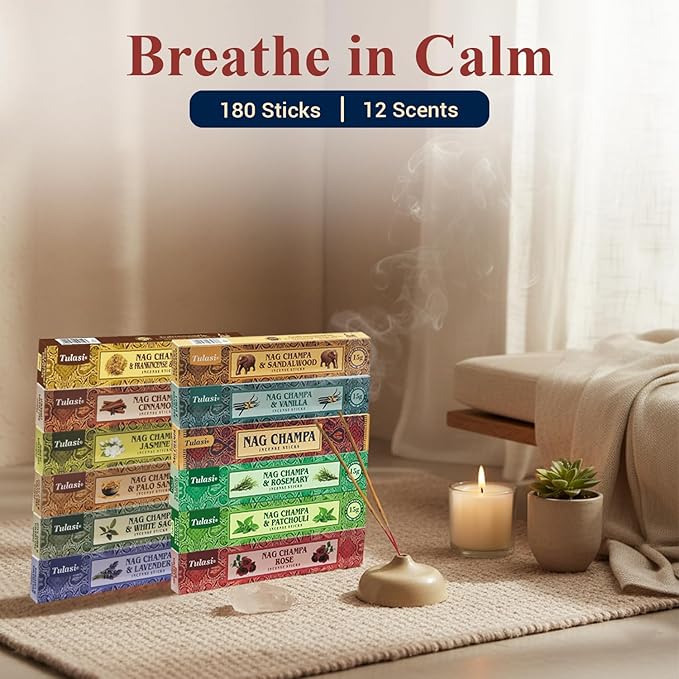 Nag Champa Incense Sticks with Natural Oils, Assorted Incense Set of 12 Scents - Lavender, Rose, Sandalwood, Vanilla, White Sage, Cinnamon, Rosemary etc, Positive Aroma for Meditation, Yoga & Prayer