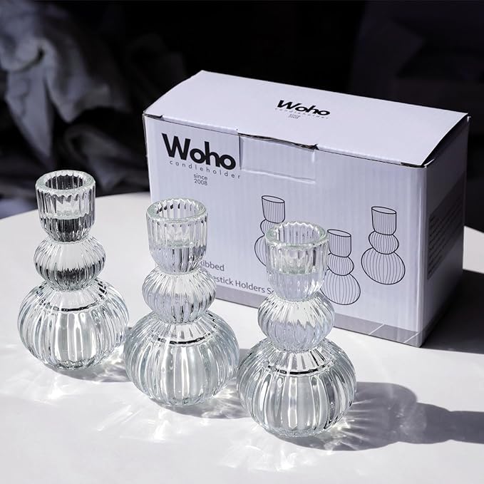 Woho Clear Taper Candle Holders 4.3" H Set of 3 for Wedding Table, Ribbed Glass Candlestick Holders for Daily Home Decor, Vintage Candle Sticks Holder Decor for Thanksgiving Christmas