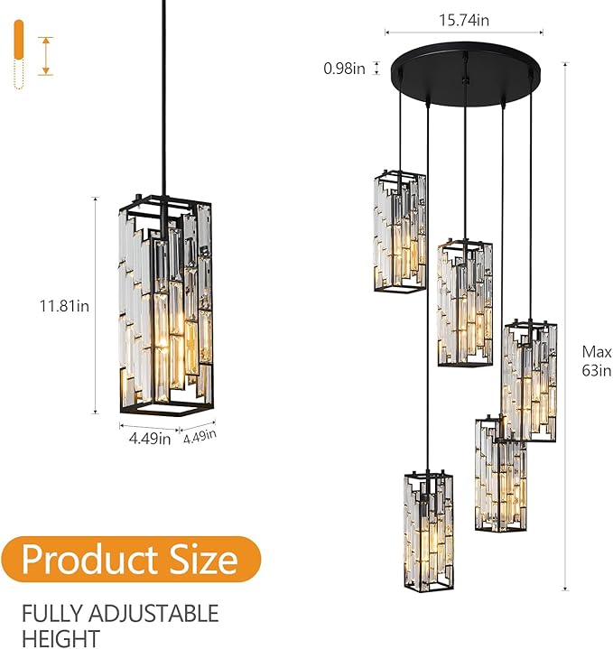 Black Pendant Lighting Modern Pendant Light, Mini Crystal Chandeliers,Adjustable Pendant Light Fixture for Kitchen Island Dinning Room Bedroom (5 Light)