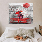 Japanese Red Geisha Tapestry Asian Cherry Blossom Red Sun Traditional Kimono Folk Tapestries Home Decor for Living Room Bedroom Apartment Farmhouse Dorm 60"x50"