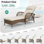 VIVIJASON Outdoor Wicker Chaise Lounge Chair, All-Weather PE Rattan Cushioned Patio Lounger Chair, 6-Position Adjustable Pool Sunbathing Recliner with Armrest & Pillow for Poolside Deck Yard, Beige