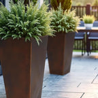 WORTH Garden Large Metal Planter Set of 2 (25" & 28" H.), Matte Bronze Retro Finish Tall Square Tapered Steel Plant Pots, Decor Flower Pot Indoor & Outdoor, Drainage Hole & Dual-Purpose Plant Saucer