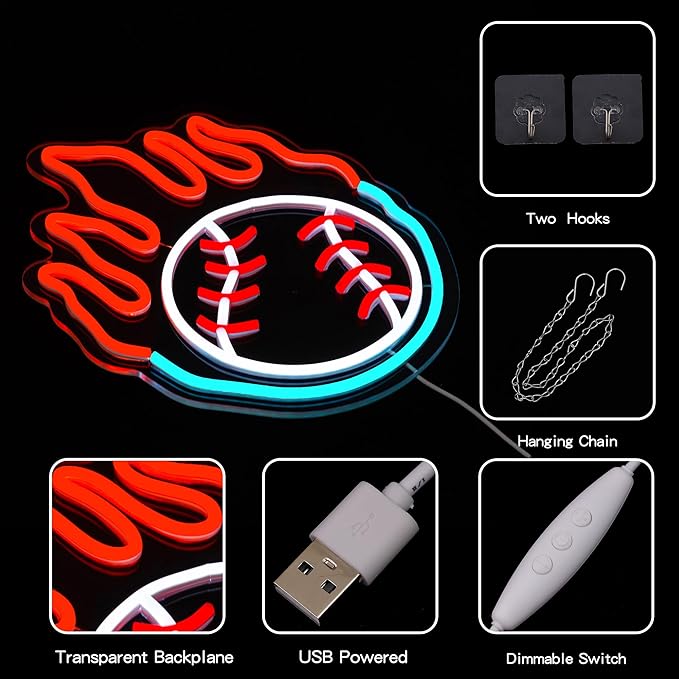 Baseball Neon Sign for Wall Decor Dimmable Baseball On Fire Neon Light Colorful LED Neon Light Sport Neon Signs USB Powered Neon Sign for Bedroom Field Club Man Cave Decoration