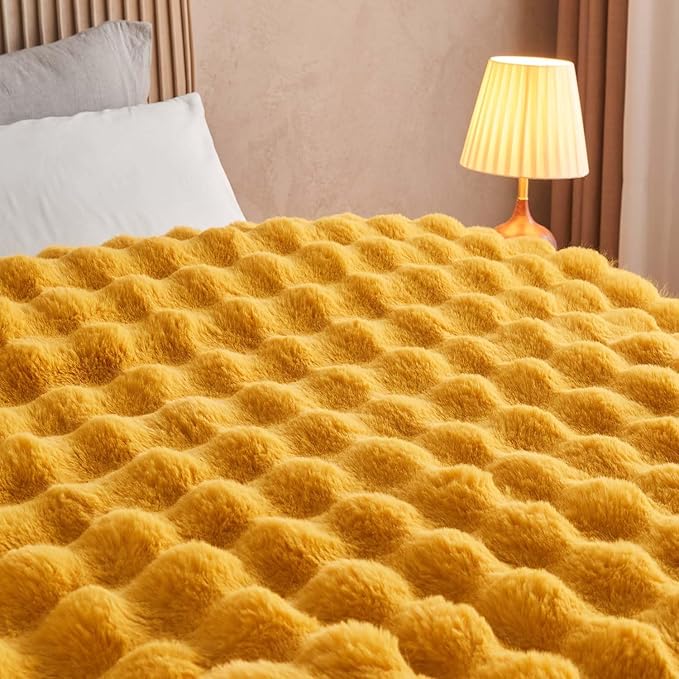 Lotus Karen Faux Fur Throw Blanket Ginger Yellow - Big Bubble Rabbit Fluff Blanket for Couch Bed Sofa,Softest Fluffy Fuzzy Cozy Blanket,Thick Furry Plush Shaggy Warm Blankets for Women,90x90 Inches