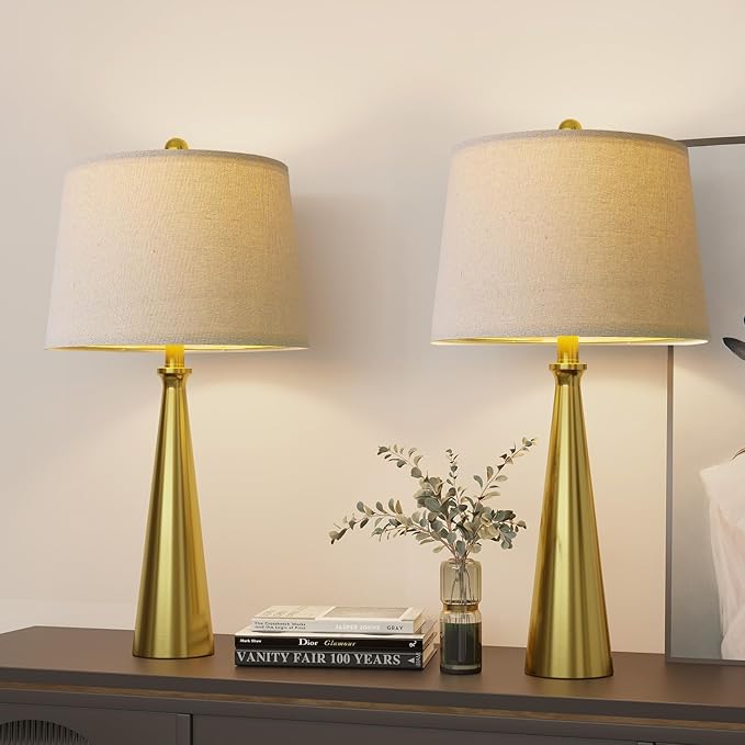 Oneach 25.75" 3-Way Dimmable Touch Control Modern USB Table Lamp Set of 2 for Living Room Bed Room Bedside Nightstand Lamps Fabric Shade Vintage Accent Light Gold Antique Brass