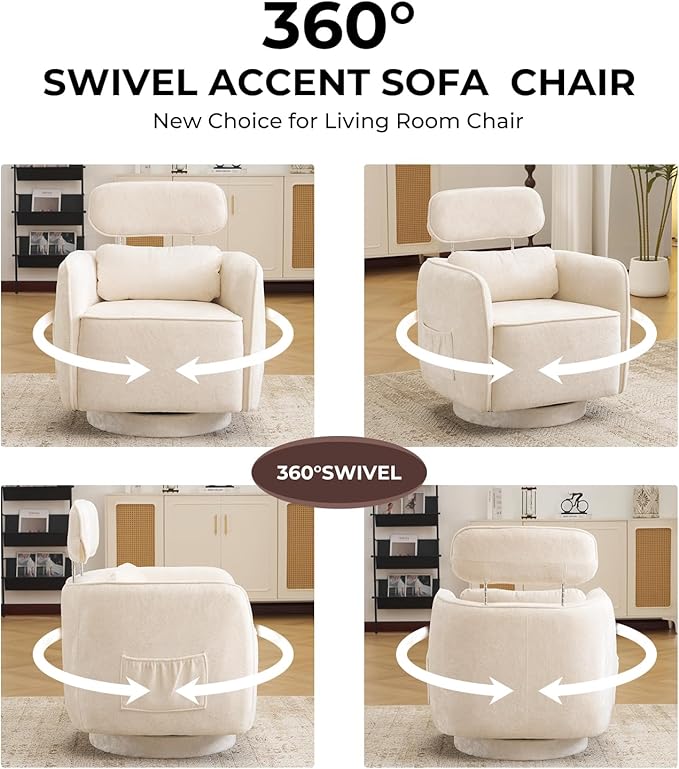Modern 360°Swivel Accent Chair Set of 2 with Adjustable Headrest, Round Swivel Barrel Chairs with Lumbar Pillow, Vanity Chair for Makeup, Comfy Living Room Armchair for Living Room, Bedroom, Beige