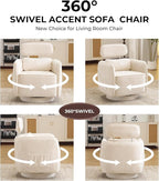 Modern 360° Swivel Accent Chair with Adjustable Headrest, Chenille Accent Chair for Living Room, Vanity Chair for Makeup，Swivel Barrel Chair with Lumbar Pillow, Comfy Barrel Armchair, Beige