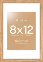 Homeforia 8x12 Picture Frame Wood, High End Natural Oak 8 x 12 Light Wooden Frames with Mat 6 by 8 inch Photo, 8by12 Frame Matted to 6x8 Art, Wall or Tabletop Frame, Tempered Glass, Wall Kit, Set of 1