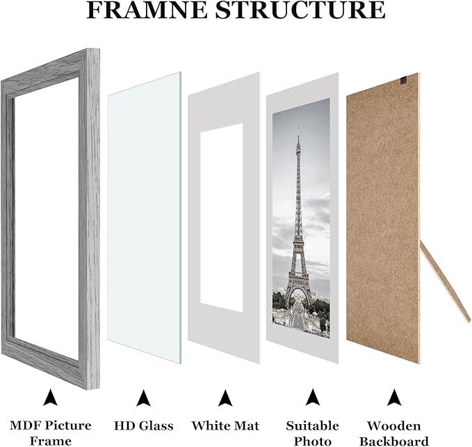 Picture Frames Set of 10 Gray Wood Grain, Bulk MDF Frames for 8x10, 5x7, 4x6 Photos Real Glass for Wall or Tabletop
