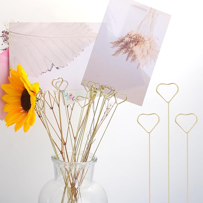 Picture Holders for Centerpieces,40Pcs Gift Card Holder Picks,Metal Photo Holders for Centerpieces,Sticks for Flower Bouquet Wedding Party Birthday (Heart Shaped)
