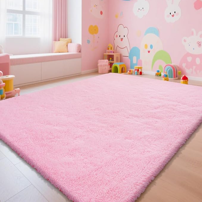 Pink Fluffy Rug Shaggy Area Rug, 8x10 Area Rugs for Girls Bedroom, Big Soft Shaggy Bedside Non-Slip Plush Dorm Nursery Kids Carpet Home Decor Aesthetic