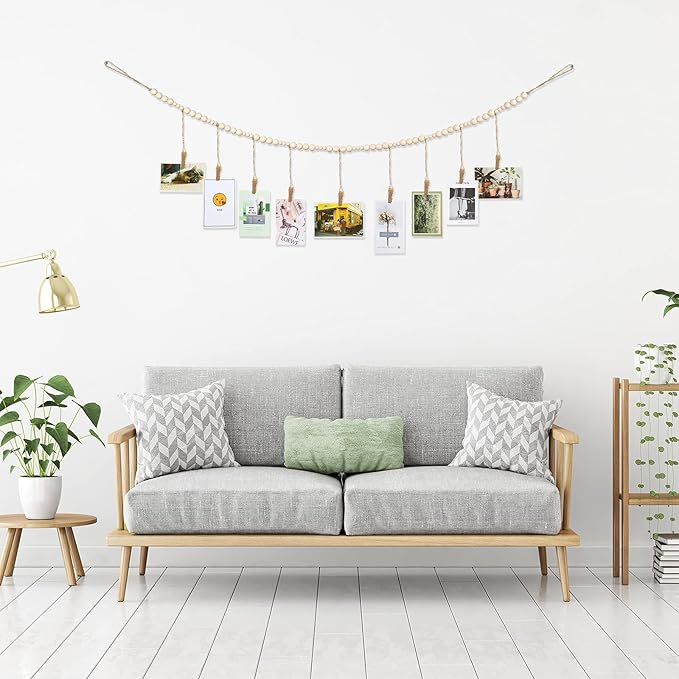 Wall Hanging Photo Display with Wooden Beads Garland 4 Feet Boho Collage Picture Frame DIY Picture Photo Frame Set with 9 Wood Clips for Rustic Country Home, Office Nursery Room Decoration(2 Pieces)
