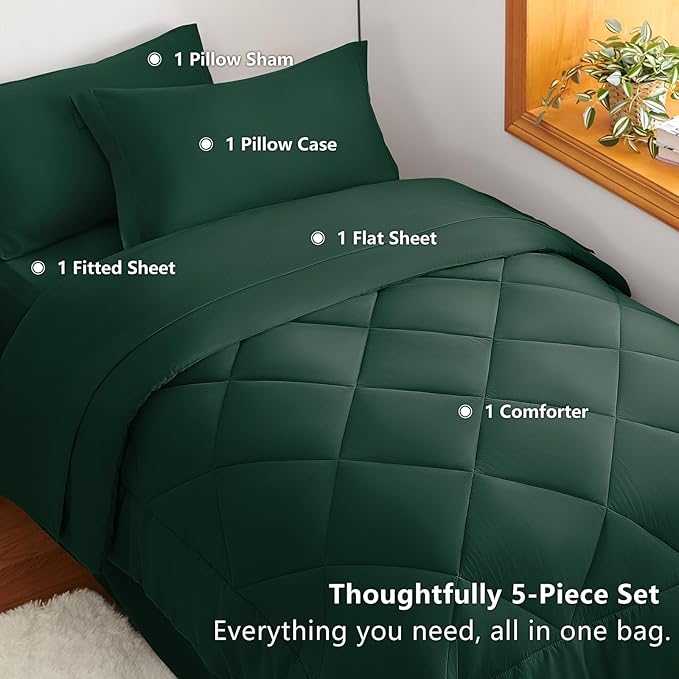 CozyLux Twin XL Comforter Set Emerald Green - 5 Pieces Twin Extra Long Bed in a Bag for College Dorm, All Season Bedding Set for Girls and Boys, Soft Bed Set with Comforter, Sheets, Pillowcase & Sham