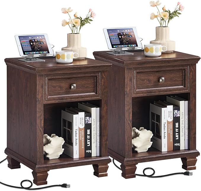 Farmhouse Side Table Set of 2 with Charging Station, Rustic Wood End Table with Drawer, Small Nightstands with Open Shelf for Bedroom, End Tables for Living Room, Walnut