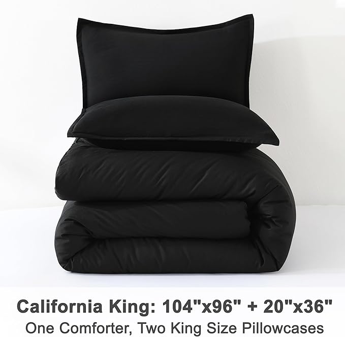 Litanika Black California King Comforter Set - 3 Pieces Cal King Lightweight Summer Soft Solid Bed Comforter, Oversized Fluffy Quilt Bedding Set (104x96In, 2 Pillowcases)