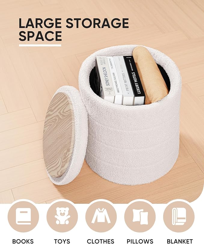B FSOBEIIALEO Ottoman with Stroage, Round Sherpa Storage Ottoman Stool, Boucle Foot Rest 14.6"x14.6"x17.7"（White