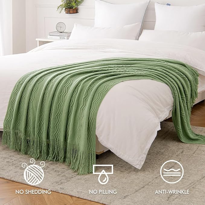 MIULEE Sage Green Knitted Throw Blanket for Couch Textured Spring Knit Blanket with Tassels Cozy Woven Boho Bed Blanket for Sofa Bed Chair Acrylic Wave Pattern 50"x60"