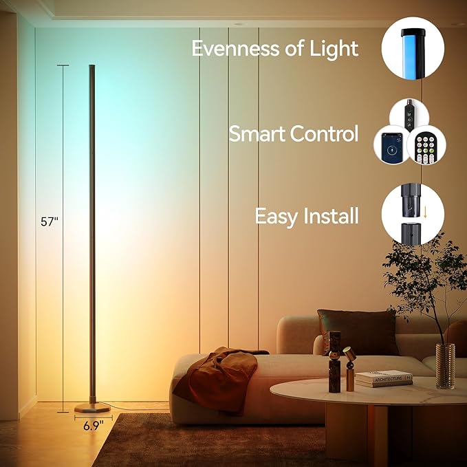 SUNMORY RGB LED Floor Lamp, 57" Corner Lamp with 80+ Scene & Timer, Smart Modern Ambient Lighting with Music Sync & 16 Million Colors, Remote & App Floor Lamps for Living Room, Gaming Room, Bedrooms