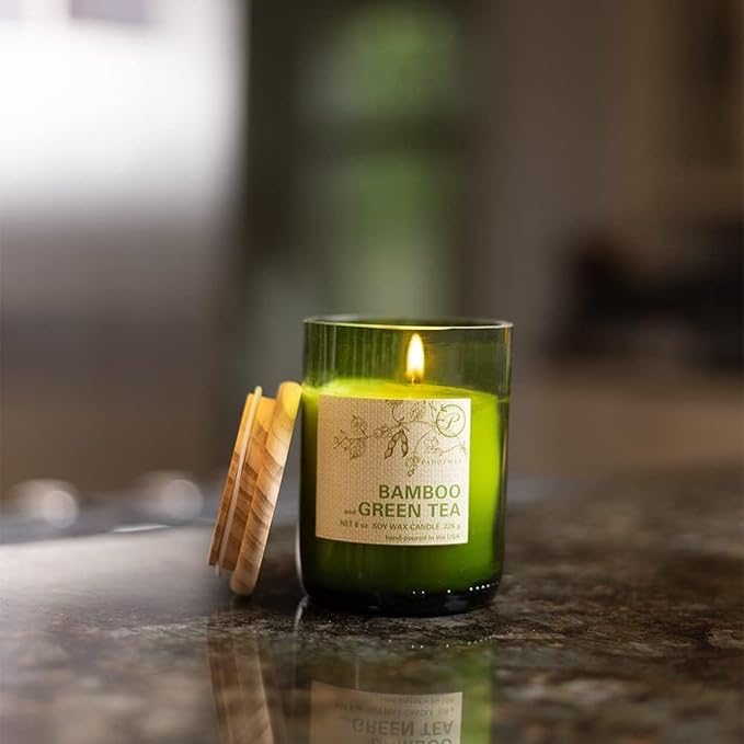 Paddywax Eco Collection Soy Wax Blend Candle in Glass Jar, Bamboo & Green Tea Scent, Green Vessel with Wood Lid, 8 oz