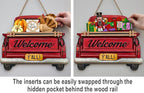 Interchangeable Welcome Sign for Front Door Red Farmhouse Truck Decor Hanging Sign with 11 Interchangeable Seasonal and Holiday Decor Signs 12x14 in. (Country Rustic)