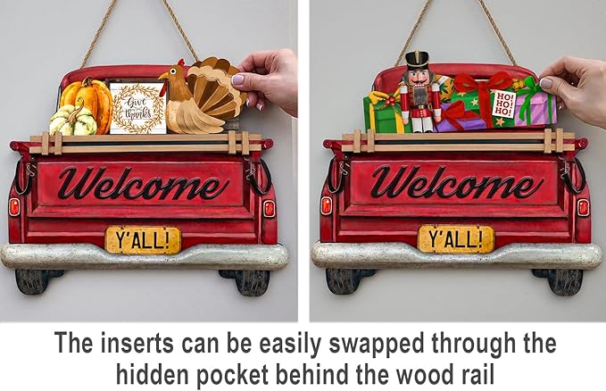 Interchangeable Welcome Sign for Front Door Red Farmhouse Truck Decor Hanging Sign with 11 Interchangeable Seasonal and Holiday Decor Signs 12x14 in. (Country Rustic)