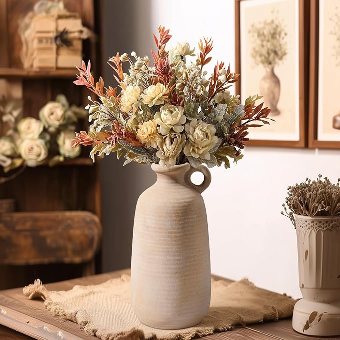 Sunddo Terracotta Rustic Vase with Handle, 10 inch Ceramic Vase, Farmhouse Pottery, Vintage Vases, Centerpiece Table Decorations for Living Room,Shelf Home Decor